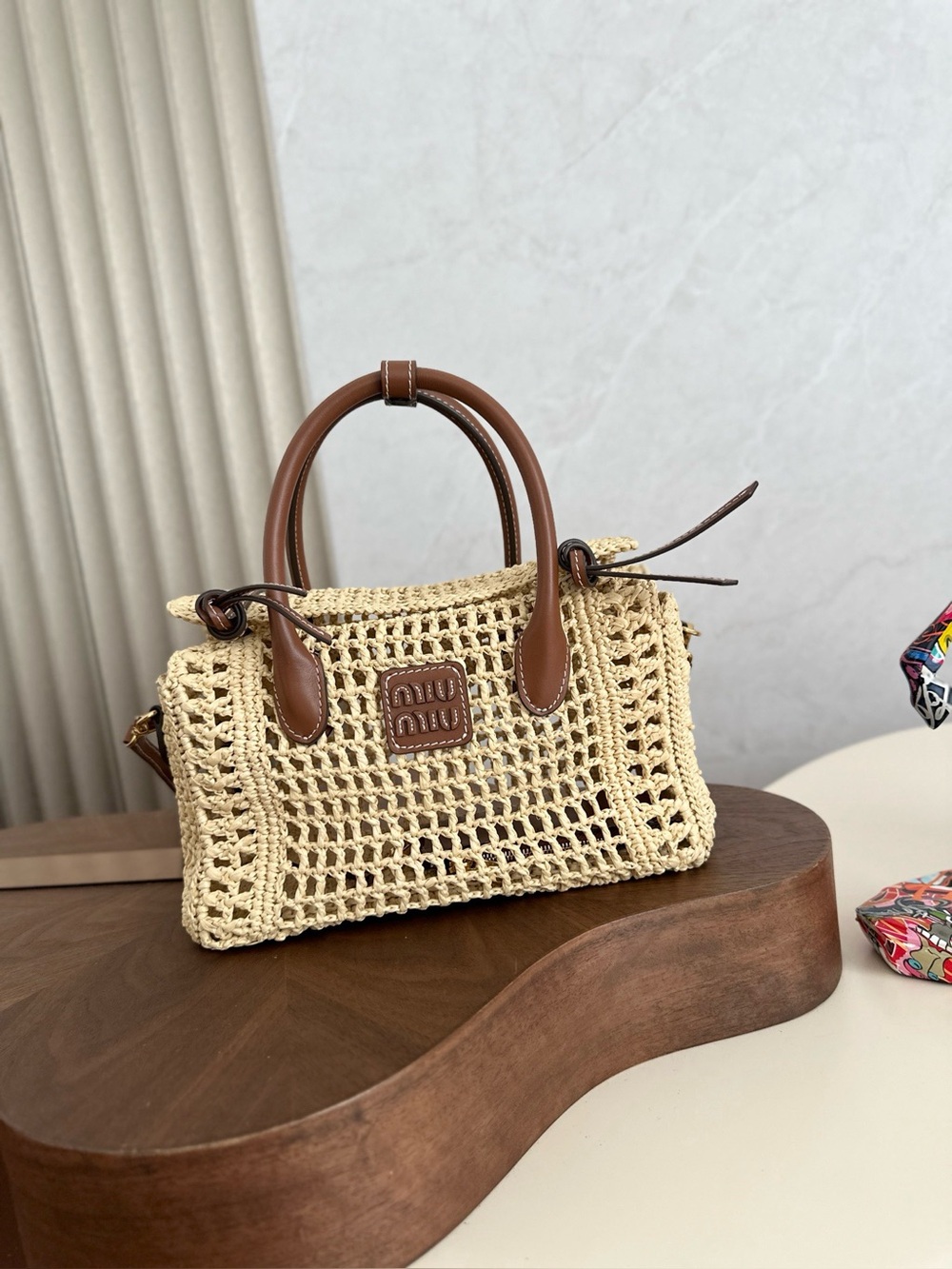 Miu Miu Crochet Satchel in Cream with Brown Leather Trim